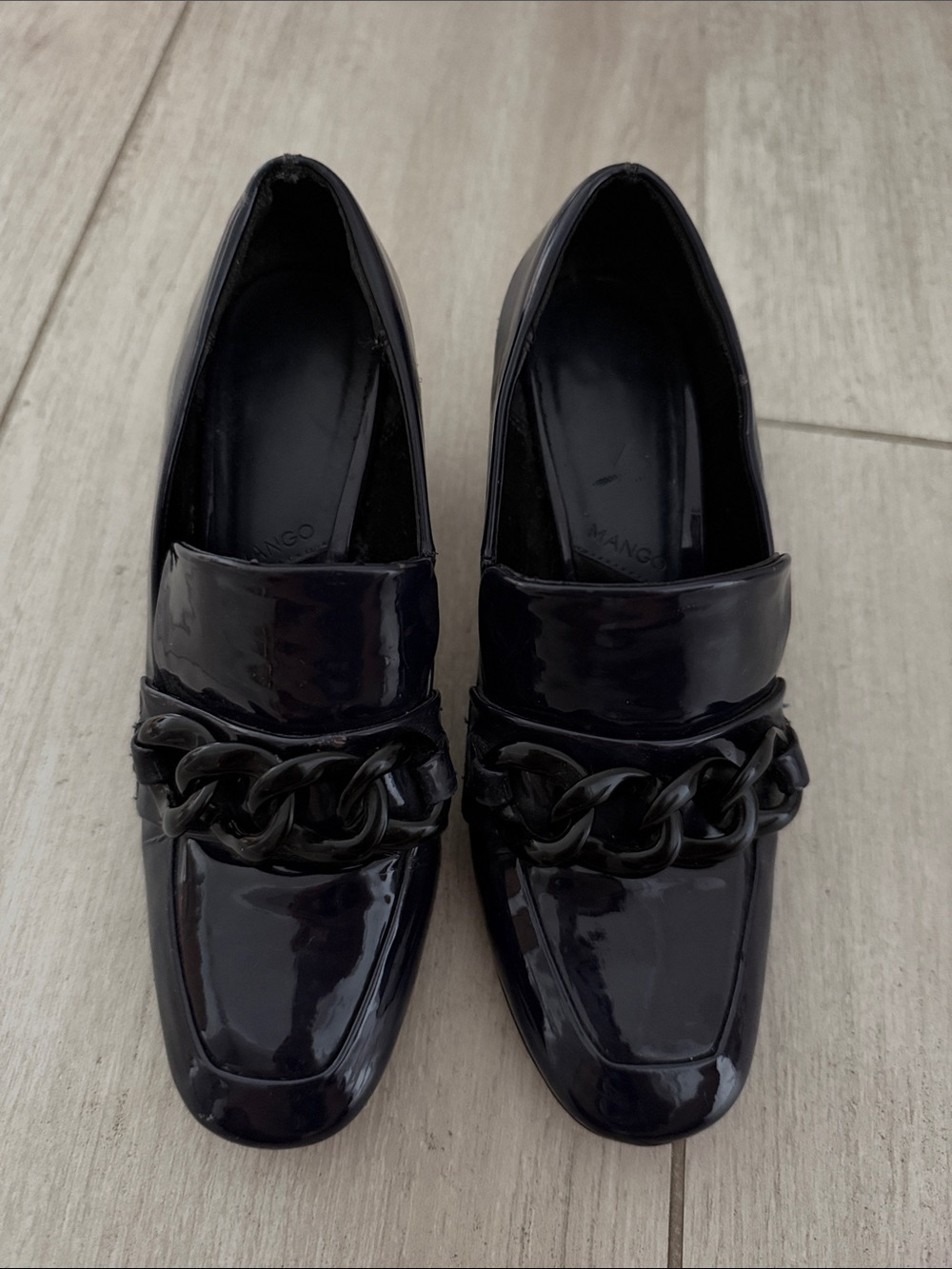 Mango Blue and Black Patent Chain-Detail Slip-On Loafers